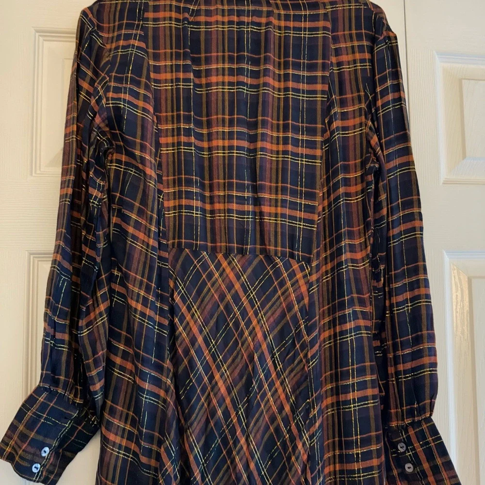 NATURAL LIFE Navy and Orange Plaid Long Sleeve Dress With Gold Thread (Rare) - Picture 4 of 7